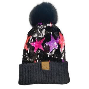 C.C Women's Black Multicolor Sequin Faux Fur Pom Pom Folded Beanie Hat One Size